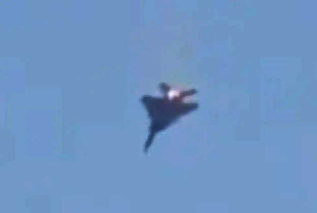 USAF F-15 with what appears to be flames after being struck by Iranian air defense missile.